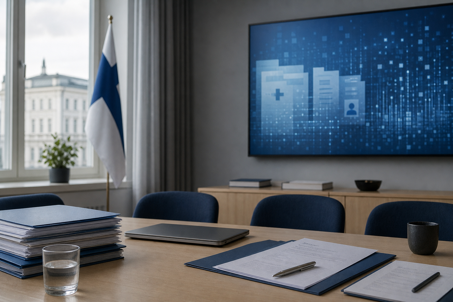 Ministeriömäinen neuvottelupöytä, asiakirjoja ja tietokonetta kuvaamassa terveystietojen sääntelyä.