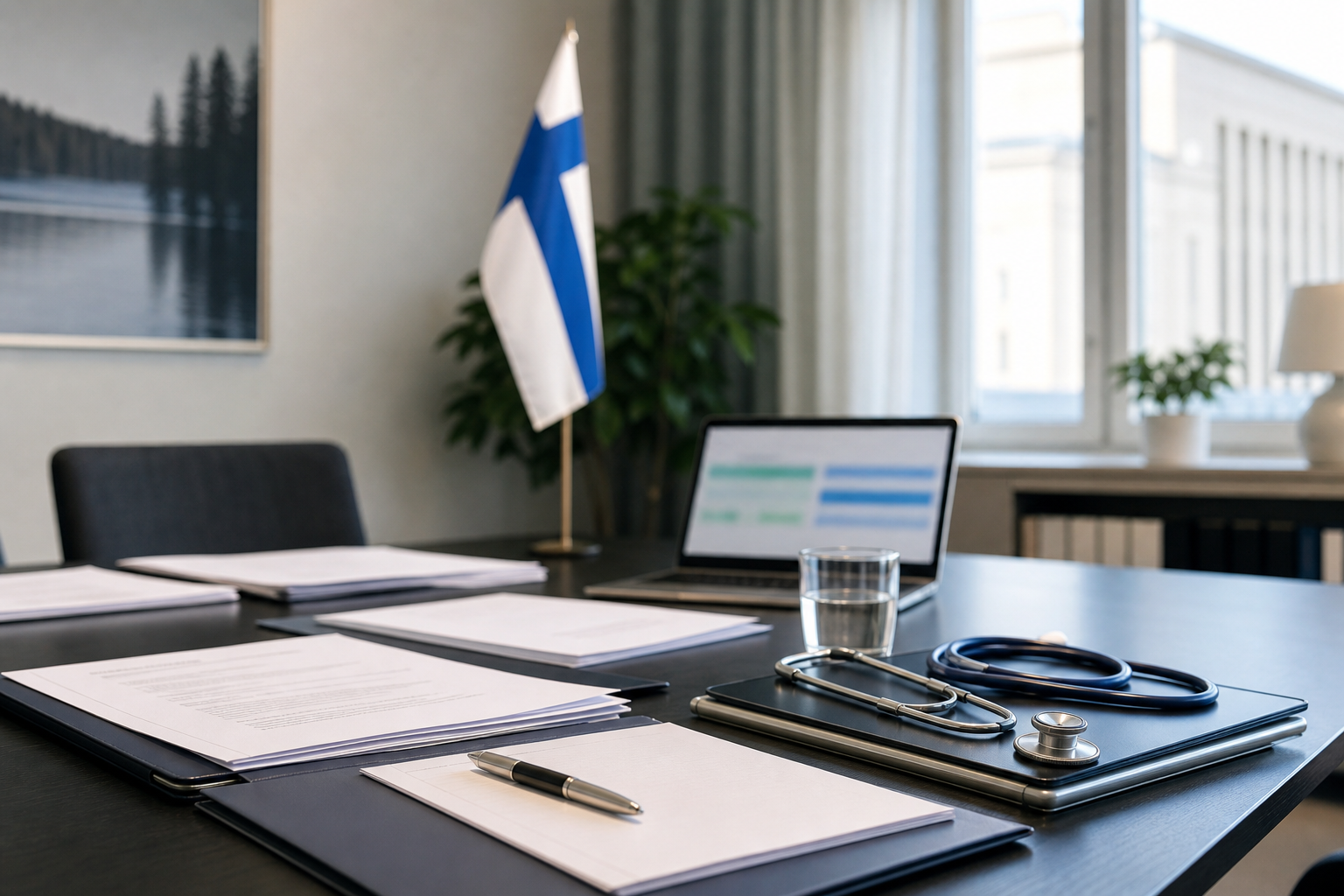Viranomaisasiakirjoja, kannettava tietokone ja pieni Suomen lippu ministeriömäisessä kokoushuoneessa.