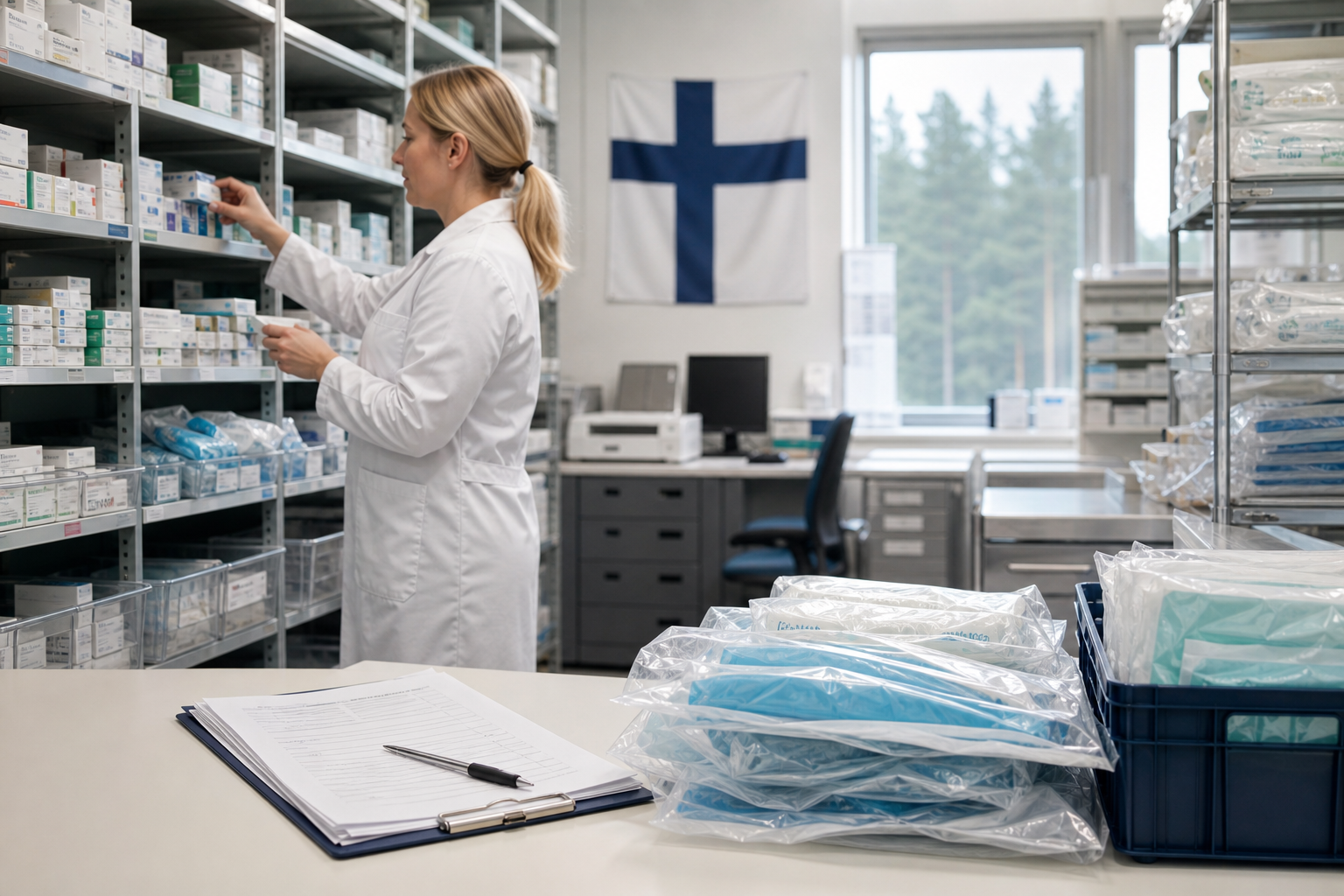 Sairaalan varastohyllyillä on lääkepakkauksia ja lääkinnällisiä tarvikkeita.