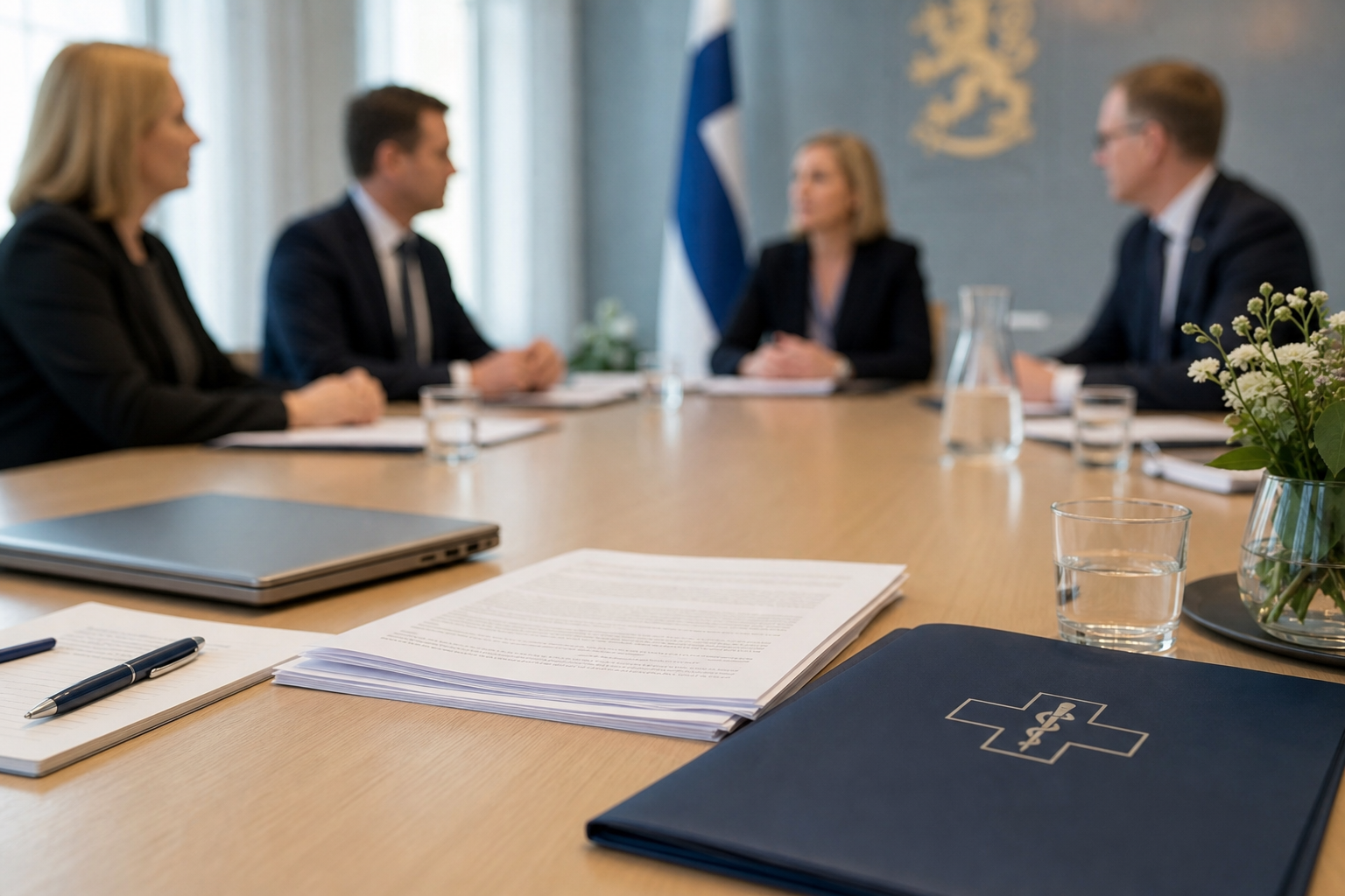 Ministeriön kokouspöydällä on asiakirjoja ja kynä, taustalla sumeasti kokoushuoneen henkilöitä.