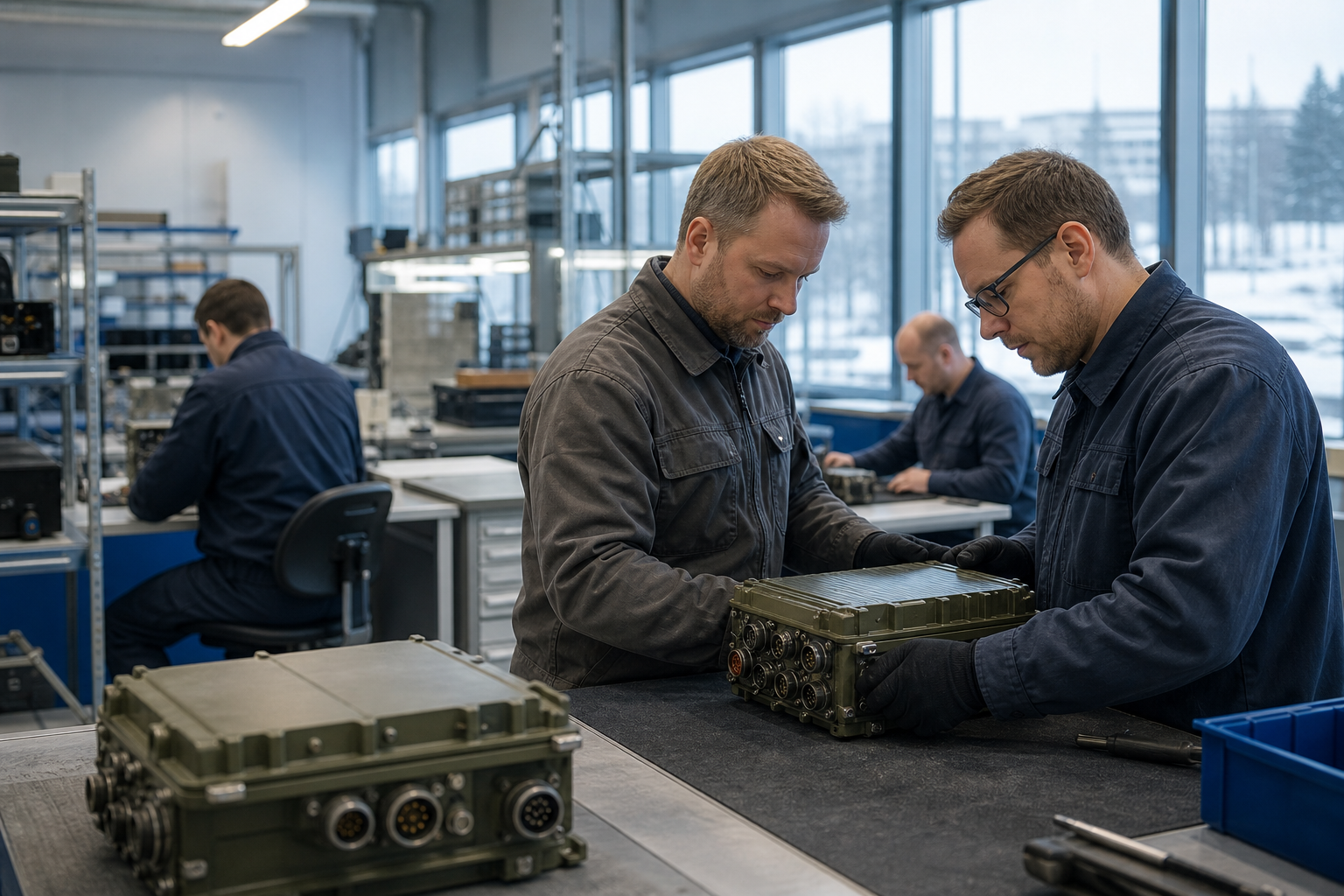 Teknikot työskentelevät modernissa huoltotilassa elektronisten laitemoduulien parissa.