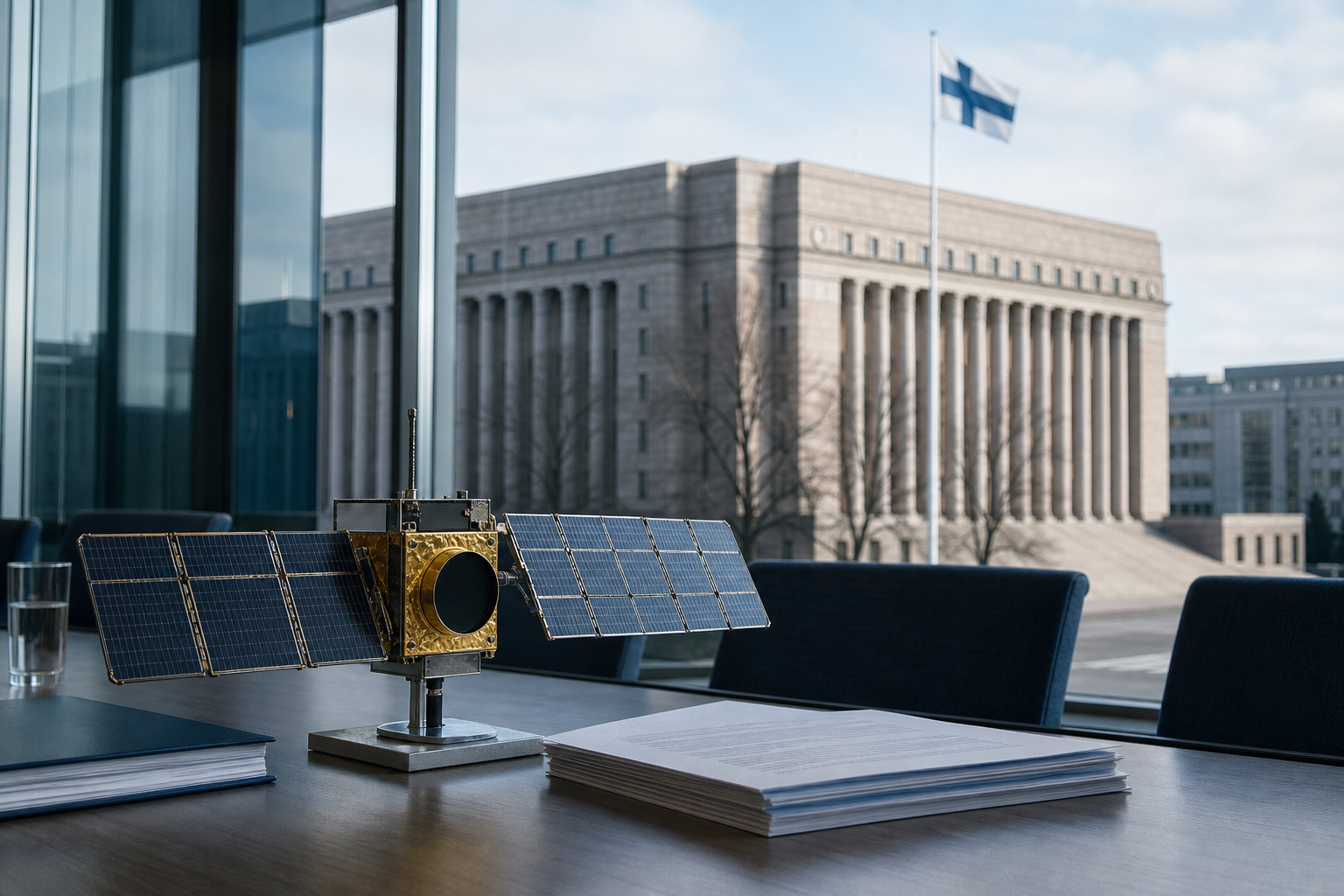Satelliittimalli pöydällä valtionhallintoa muistuttavan rakennuksen edessä sinivalkoisessa uutiskuvituksessa.