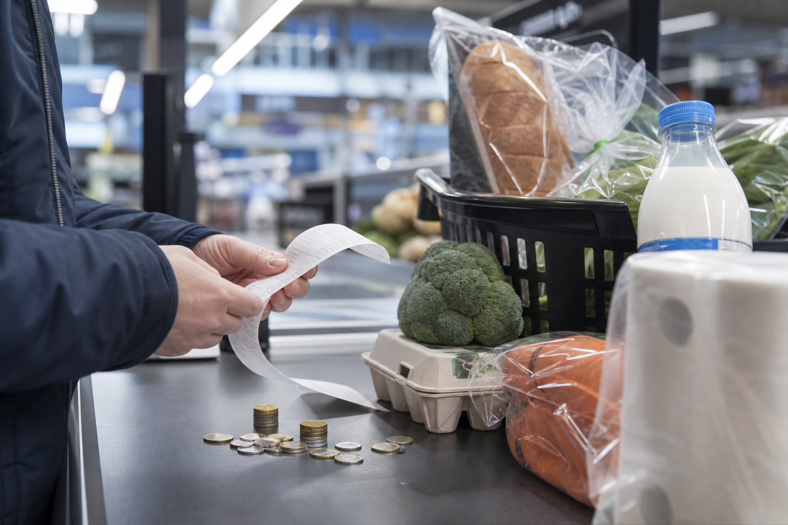 Ruokaostoksia, kuitti ja kolikoita kaupan kassalla hintojen nousua symboloimassa.