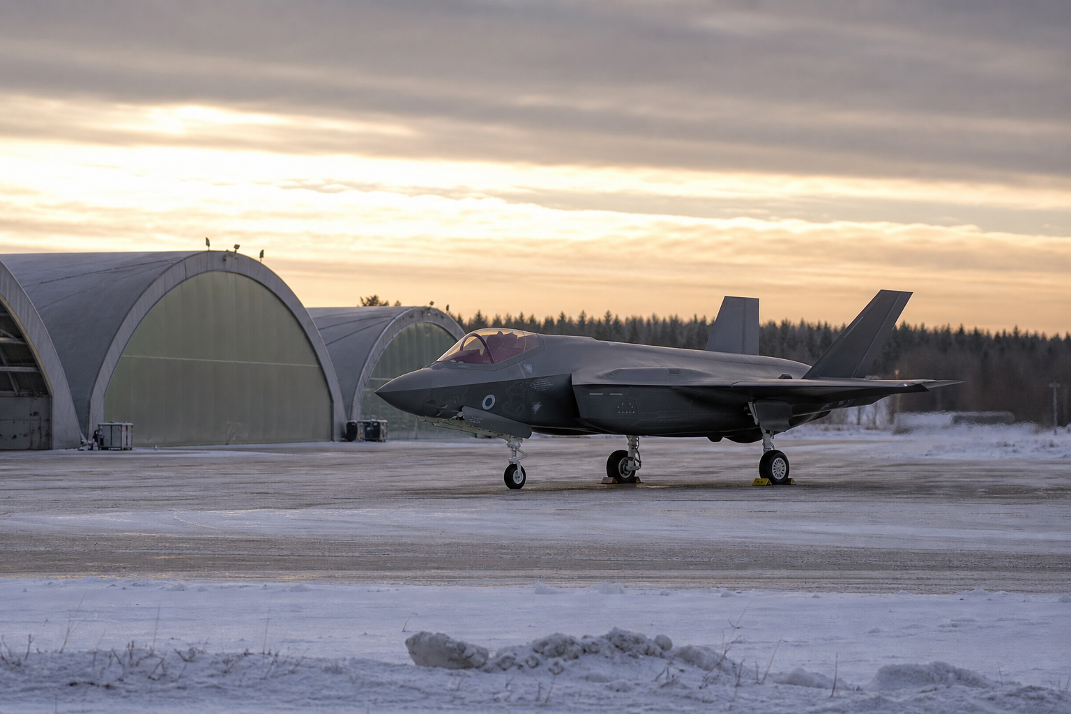 F-35-hävittäjä seisoo talvisella lentotukikohdan asematasolla hangaarien edessä.