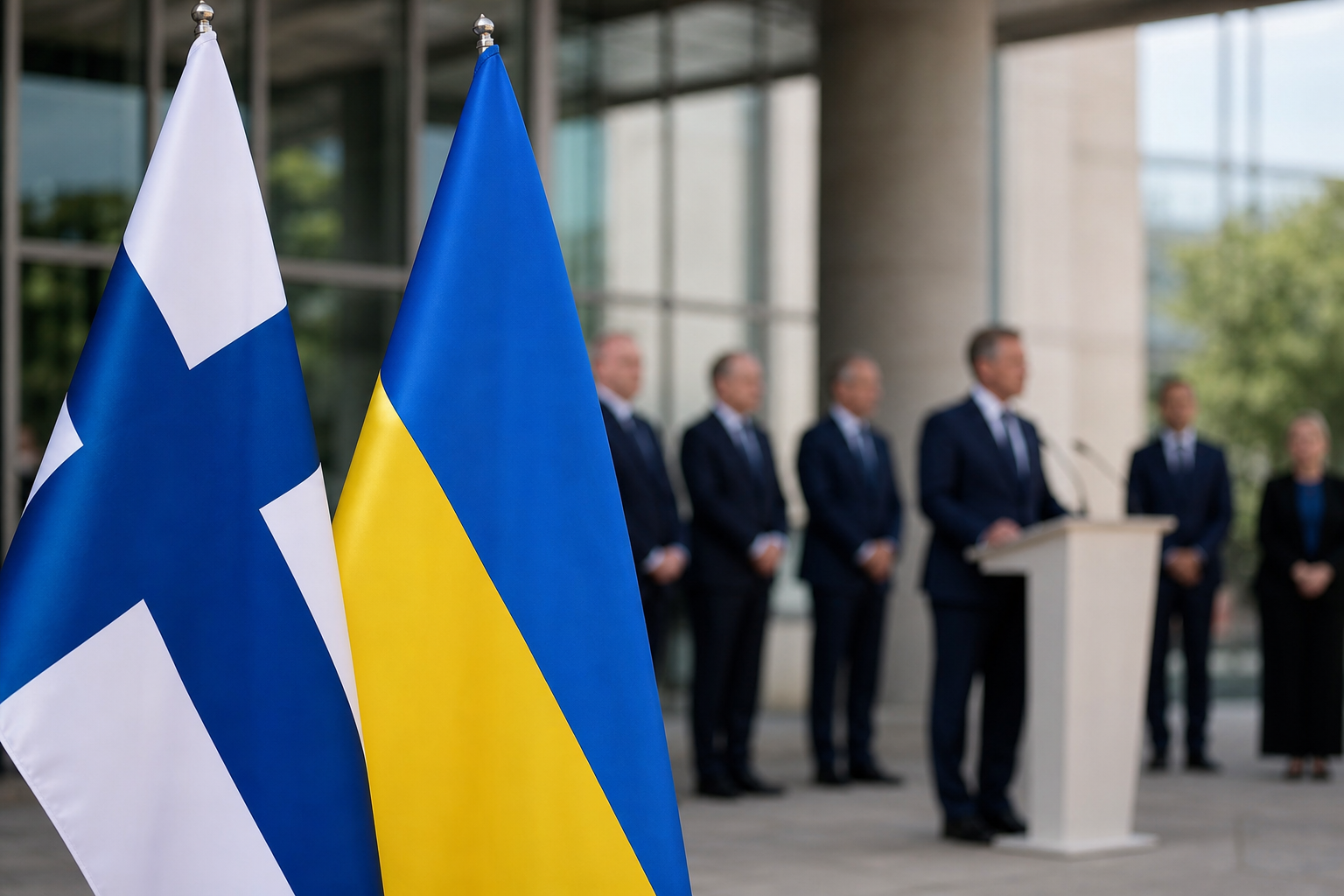 Suomen ja Ukrainan liput konferenssirakennuksen edustalla uutismaisessa kuvituskuvassa.