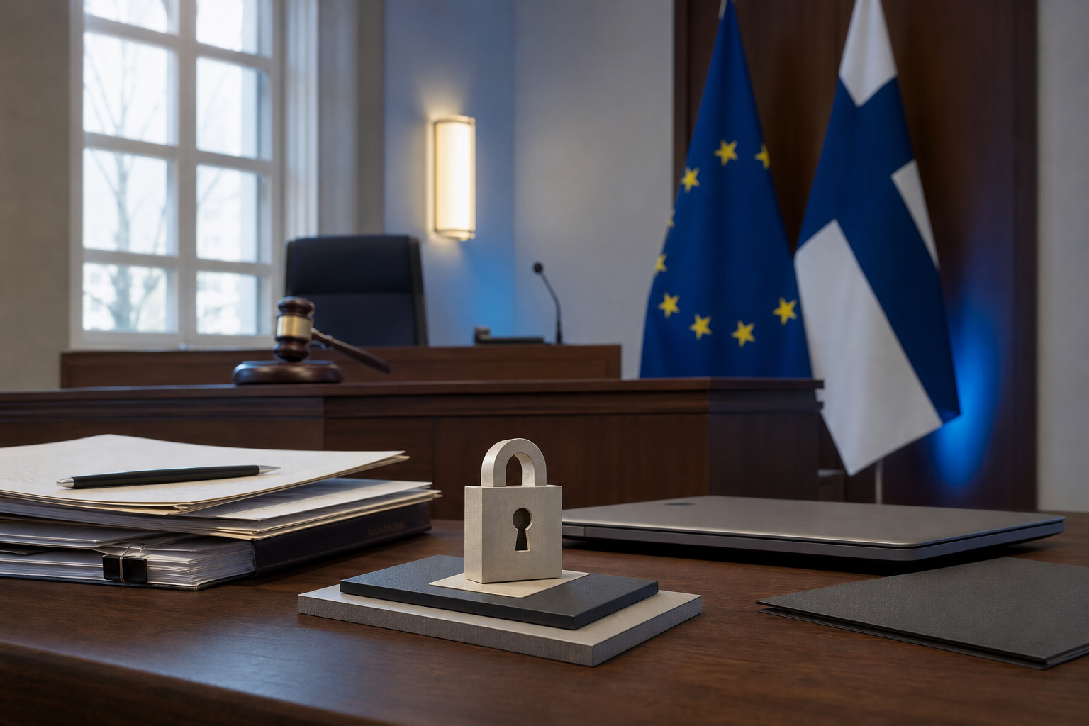 Oikeussalin pöydällä on asiakirjoja ja kannettava, taustalla Suomen ja EU:n värejä.