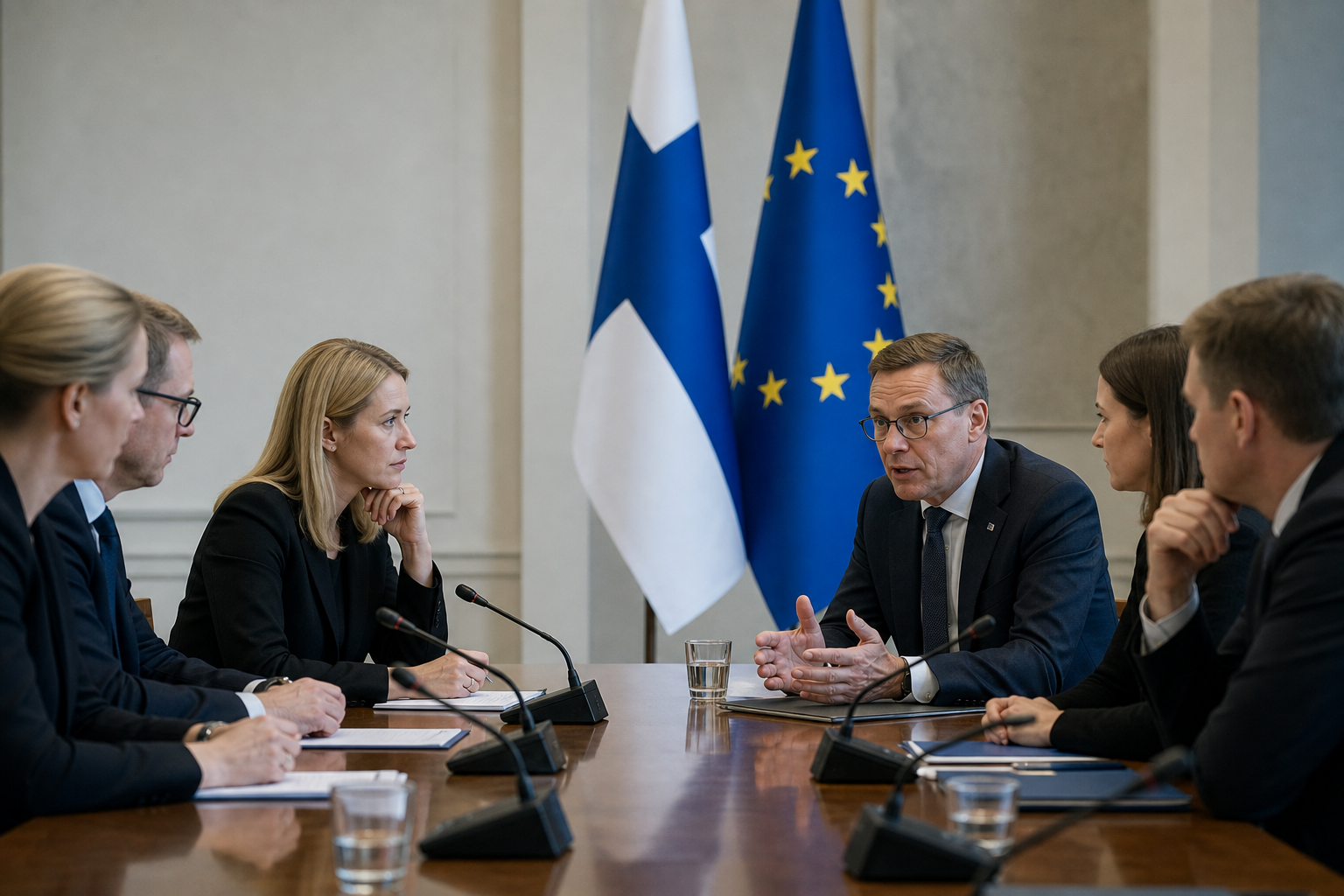 Suomen ja EU:n liput neuvotteluhuoneessa, pöydällä mikrofoneja ja asiakirjakansioita.