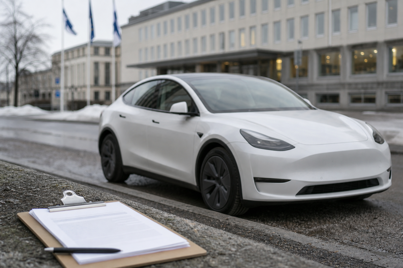 Sähköauto suomalaisella kadulla viranomaisrakennuksen edessä, etualalla asiakirjoja.