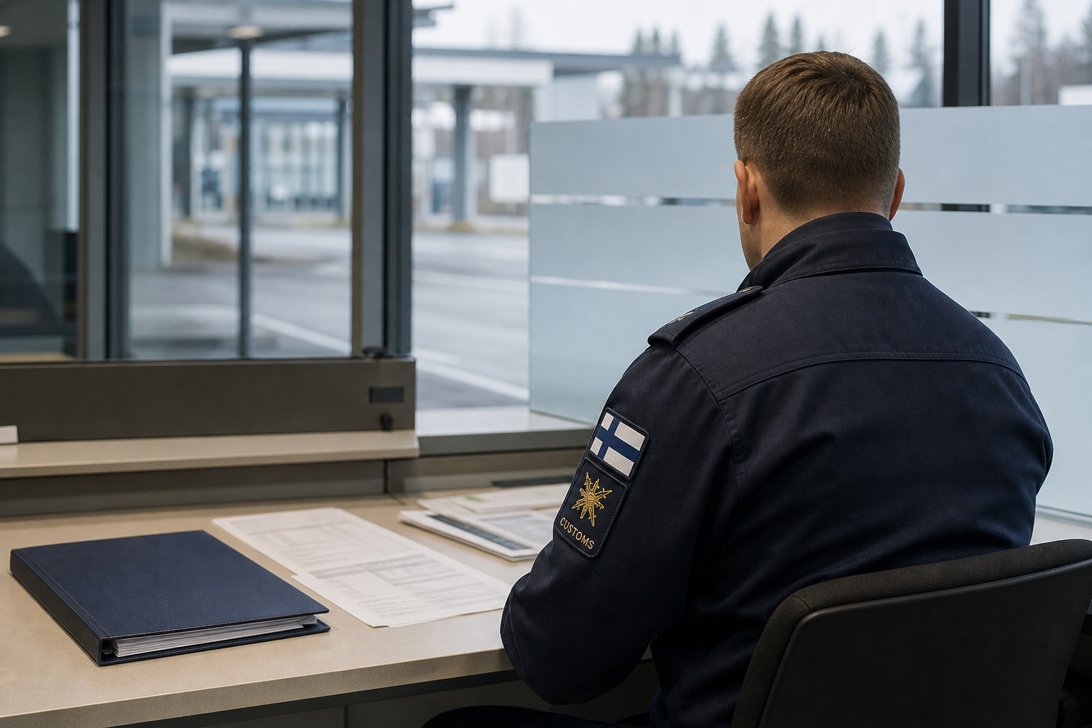 Tullivirkailija ja asiakirjoja rauhallisessa viranomaisympäristössä.