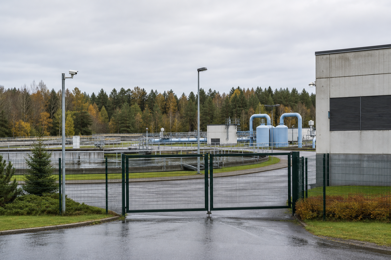 Aidattu vesihuoltolaitos pilvisenä päivänä, portti lukittuna ja teollisuusrakennuksia taustalla.