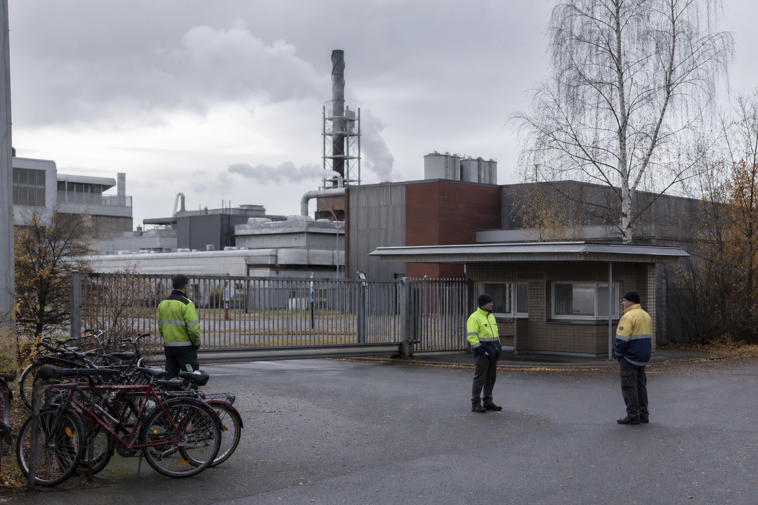 Tehdasalueen suljettu portti ja työntekijöitä rauhallisessa uutiskuvamaisessa teollisuusympäristössä.