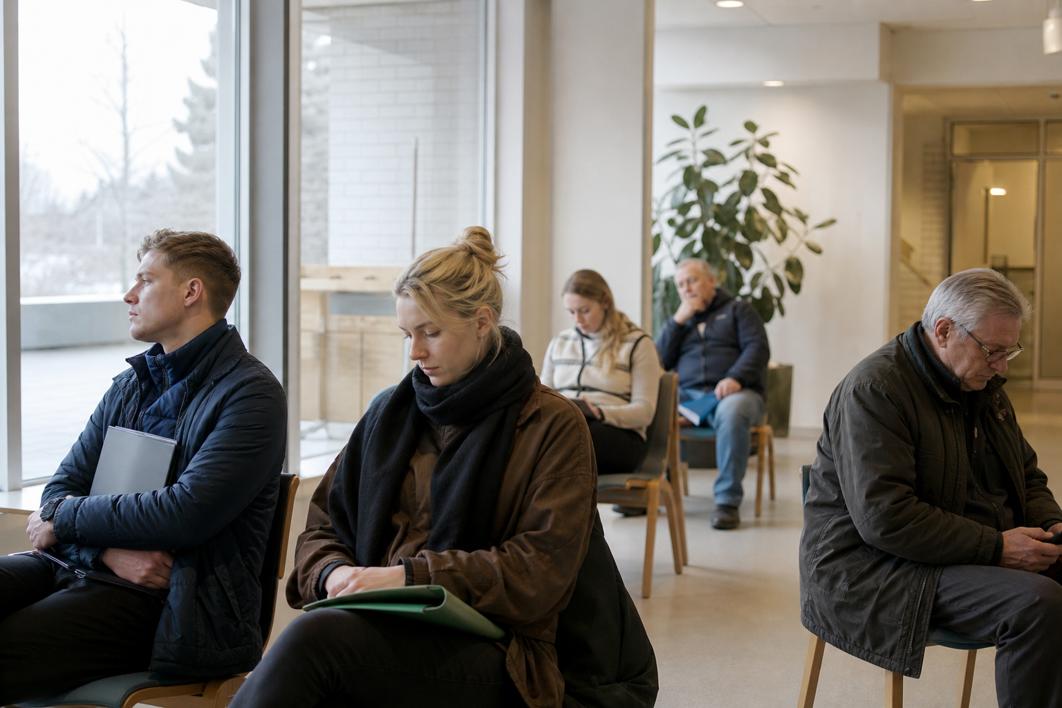 Työnhakijoita odotustilassa suomalaisessa virastomaisessa ympäristössä.
