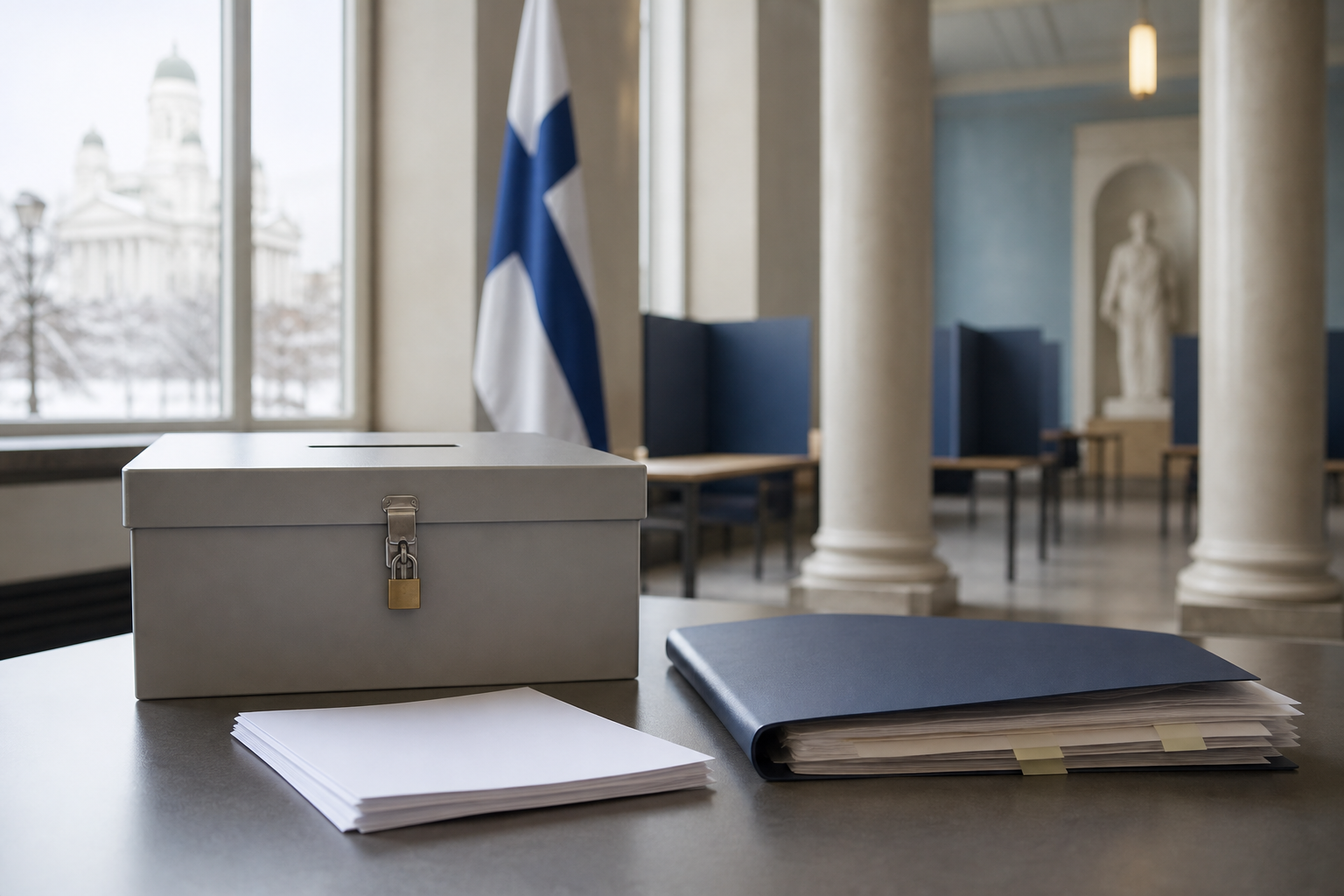 Vaalihuoneen pöydällä on vaaliuurna, tyhjiä papereita ja viranomaiskansio rauhallisessa ympäristössä.
