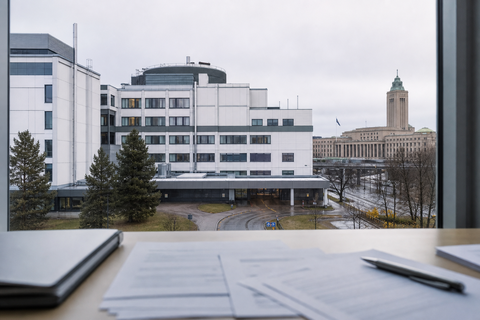 Sairaalan julkisivu ja hallinnollisia asiakirjoja pöydällä neutraalissa uutiskuvituksessa.
