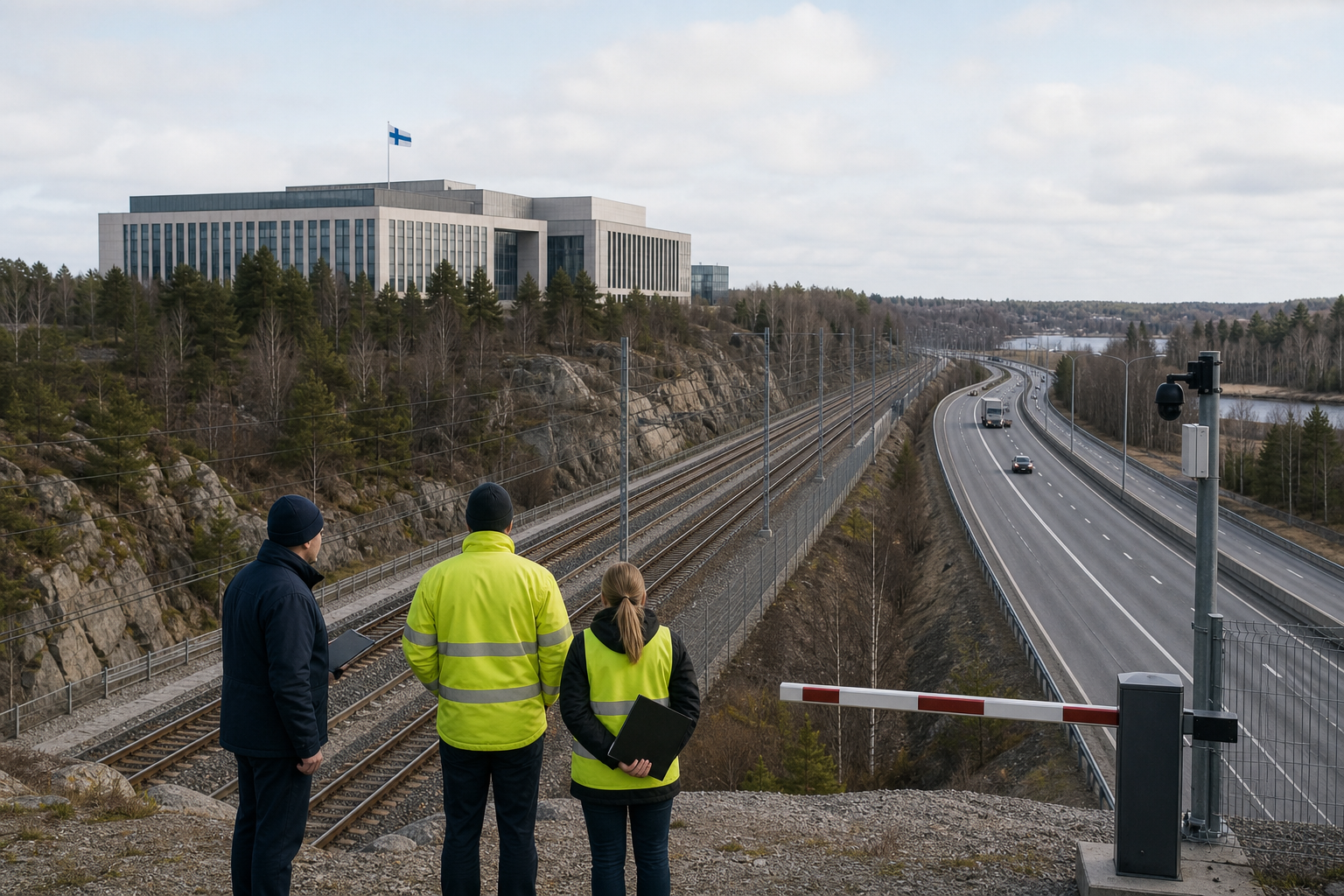 Rautatie ja maantie kulkevat rinnakkain suomalaisessa maisemassa, etualalla valvontaa kuvaavia asiakirjoja.