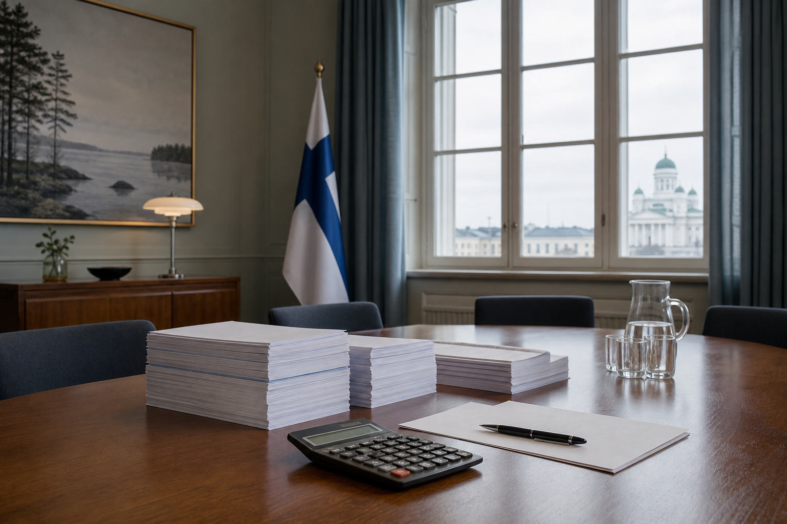 Budjettiasiakirjoja, laskin ja kynä valtionhallinnon kokouspöydällä pehmeässä päivänvalossa.