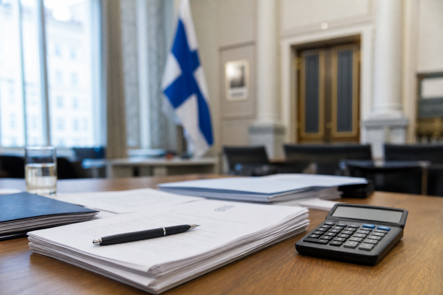 Asiakirjoja ja laskin valtionhallinnon kokouspöydällä veropäätöksiä kuvaamassa.