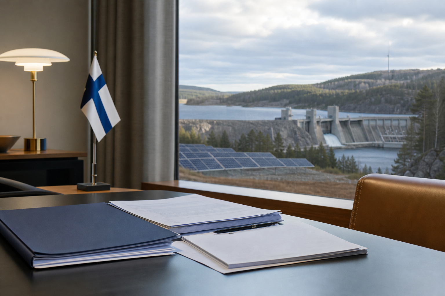Ministeriön asiakirjoja pöydällä, taustalla aurinkopaneeleja ja vesivoimalaan viittaava jokimaisema.