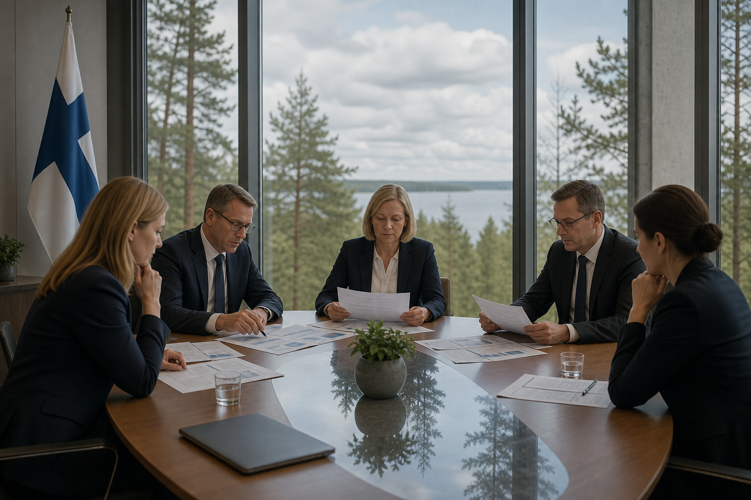 Kokouspöydällä on talousraportteja ja kasvi, taustalla näkyy pohjoismaista vihreyttä ikkunan läpi.