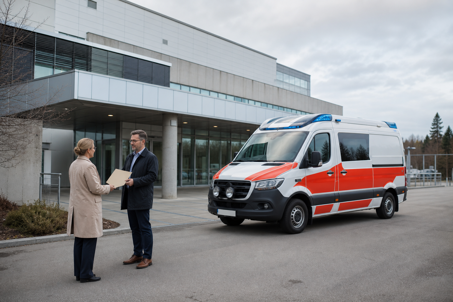 Ambulanssi sairaalan edustalla ja kaksi terveydenhuollon hallinnon edustajaa asiakirjakansion äärellä.
