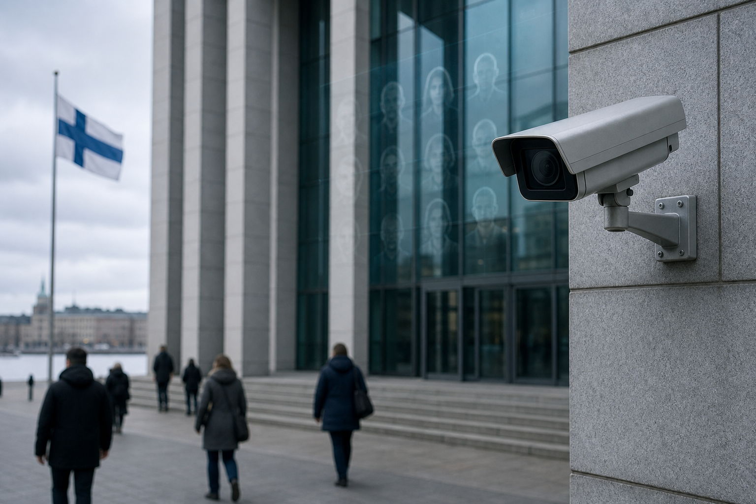 Valvontakamera ja epätarkkoja kulkijoita suomalaisen virastorakennuksen edustalla.