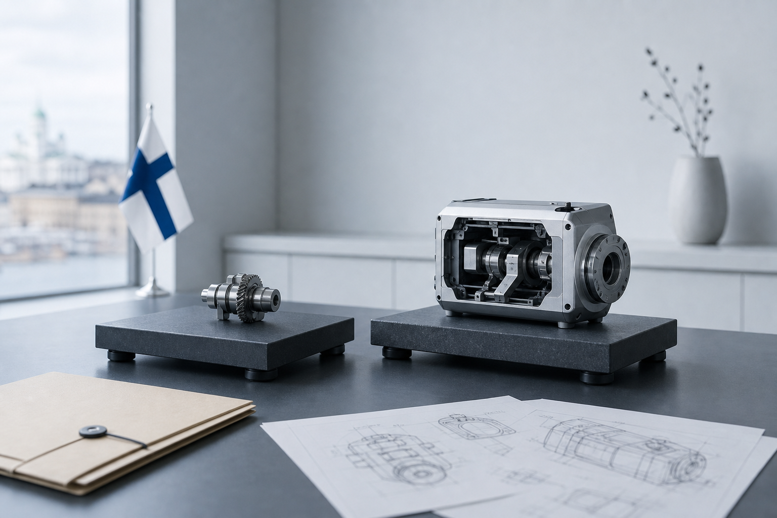 Pieni koneenosa ja suurempi laiteprototyyppi ovat rinnakkain samanlaisilla tarkastusalustoilla.