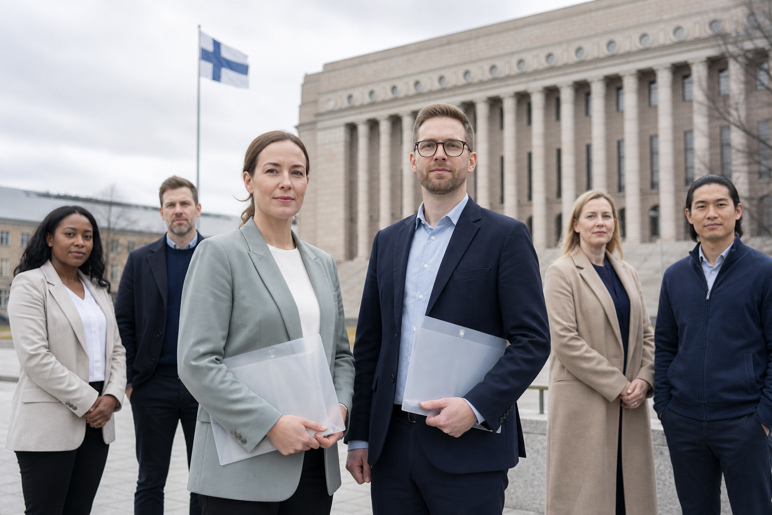 Eri sukupuolia edustavia työntekijöitä toimistossa, taustalla asiakirjoja ja virastomainen rakennus.