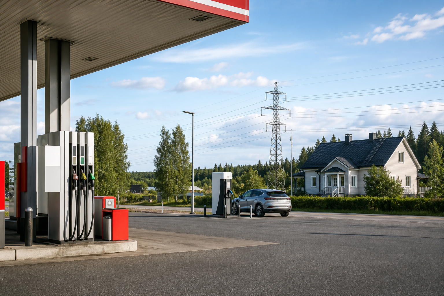 Huoltoaseman polttoainepumput, sähköauton latauspiste ja voimalinjoja suomalaisessa kesämaisemassa.