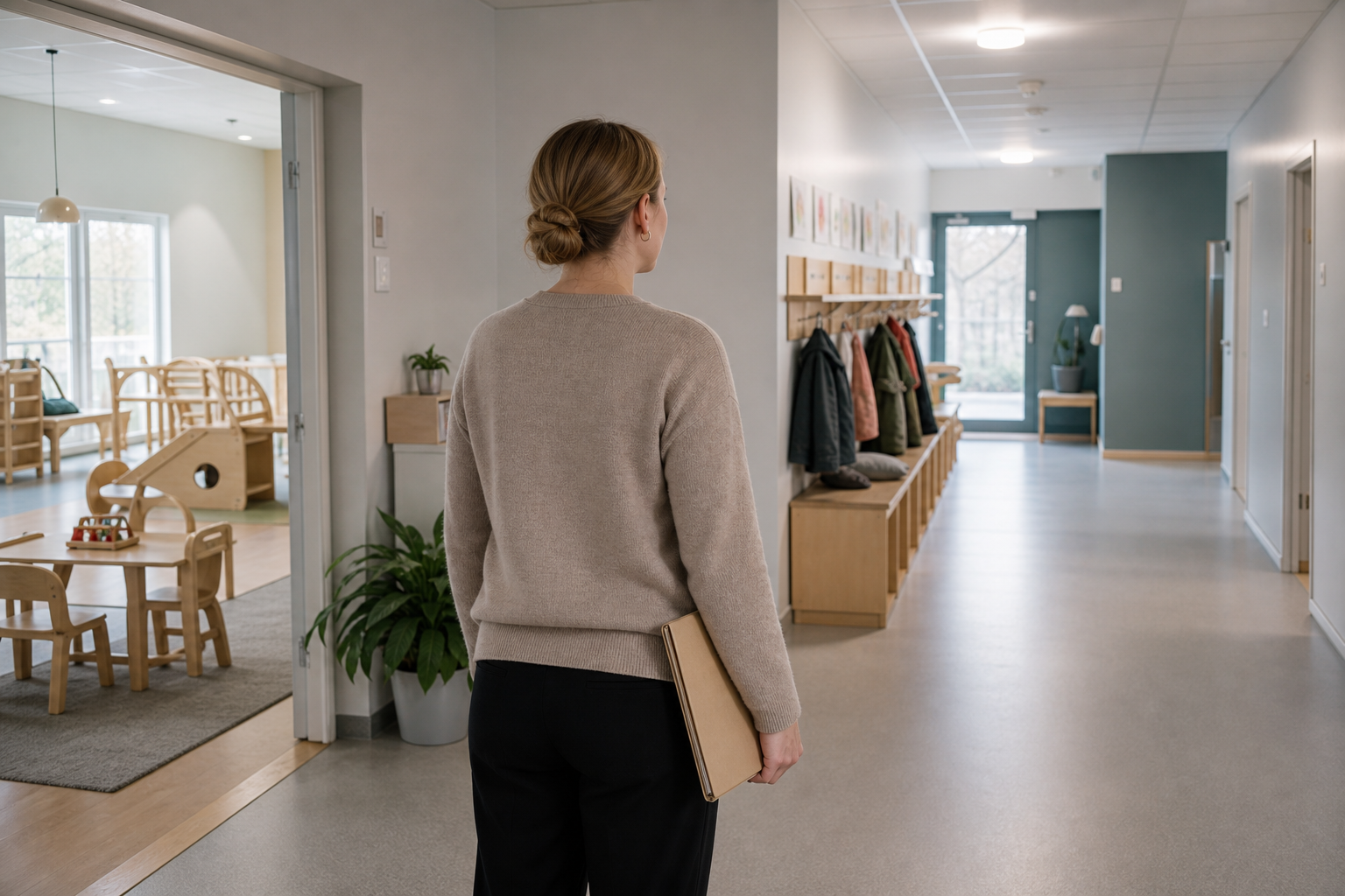 Kansio kädessään seisova ammattilainen katsoo päiväkodin haarautuvasta käytävästä kohti valoisaa toimintatilaa.
