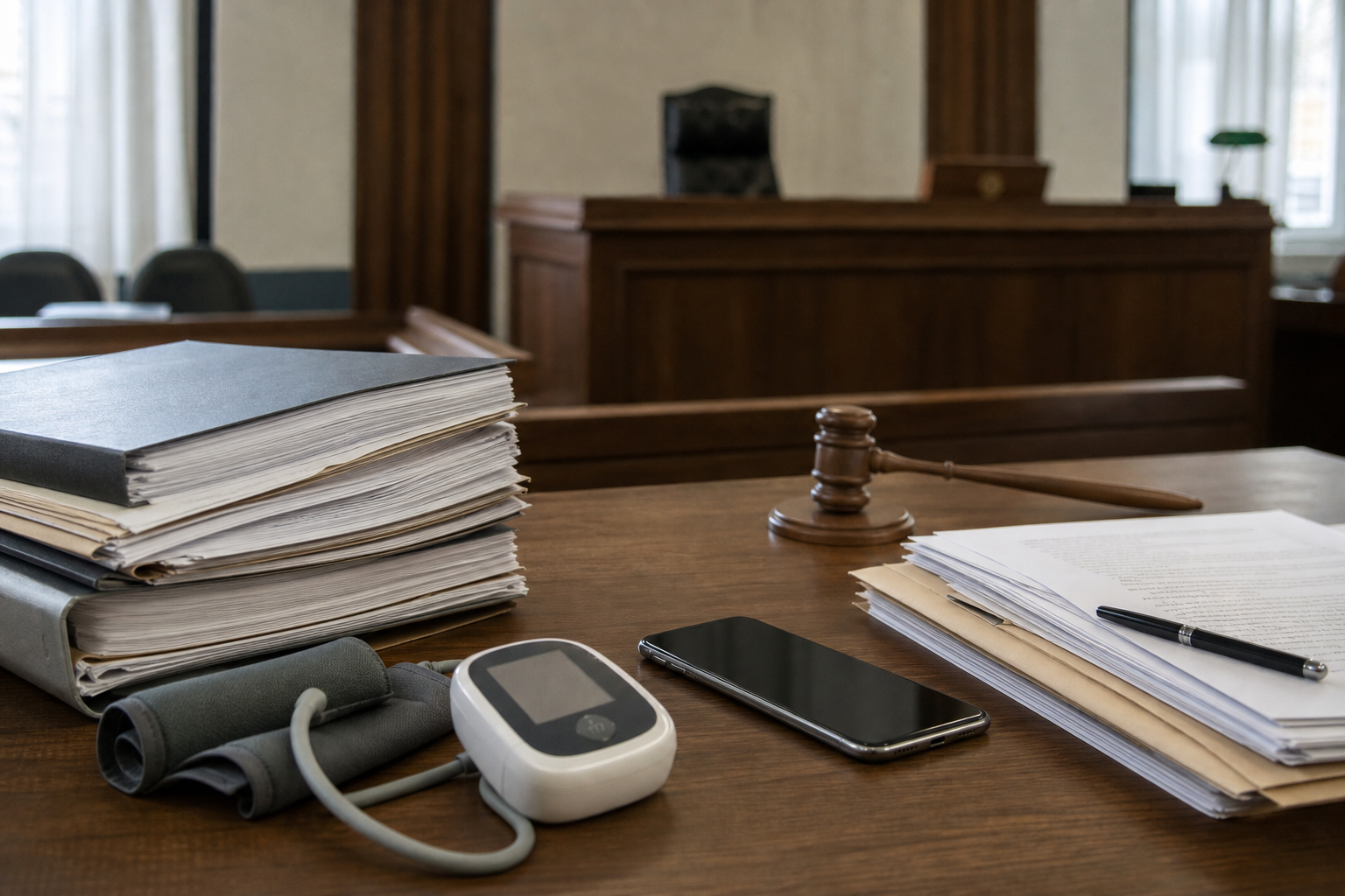 Oikeussalin pöydällä on asiakirjoja ja etämittaukseen viittaava laite uutiskuvituksena.