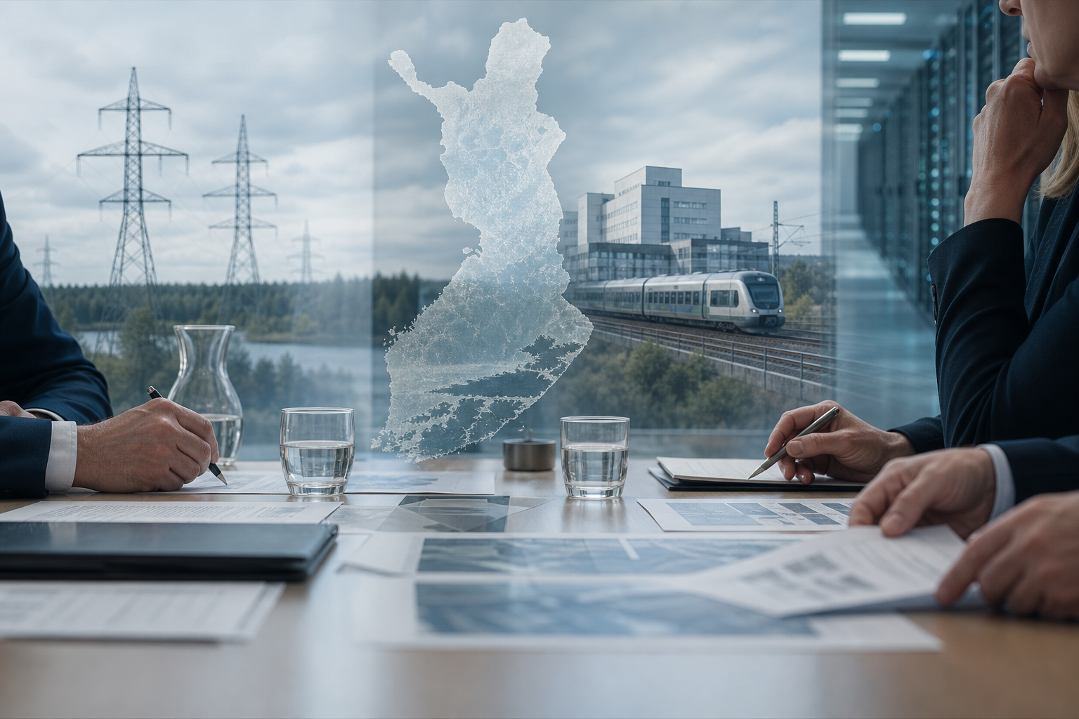 Virkamiehet käsittelevät asiakirjoja, taustalla viitteitä kriittisestä infrastruktuurista.