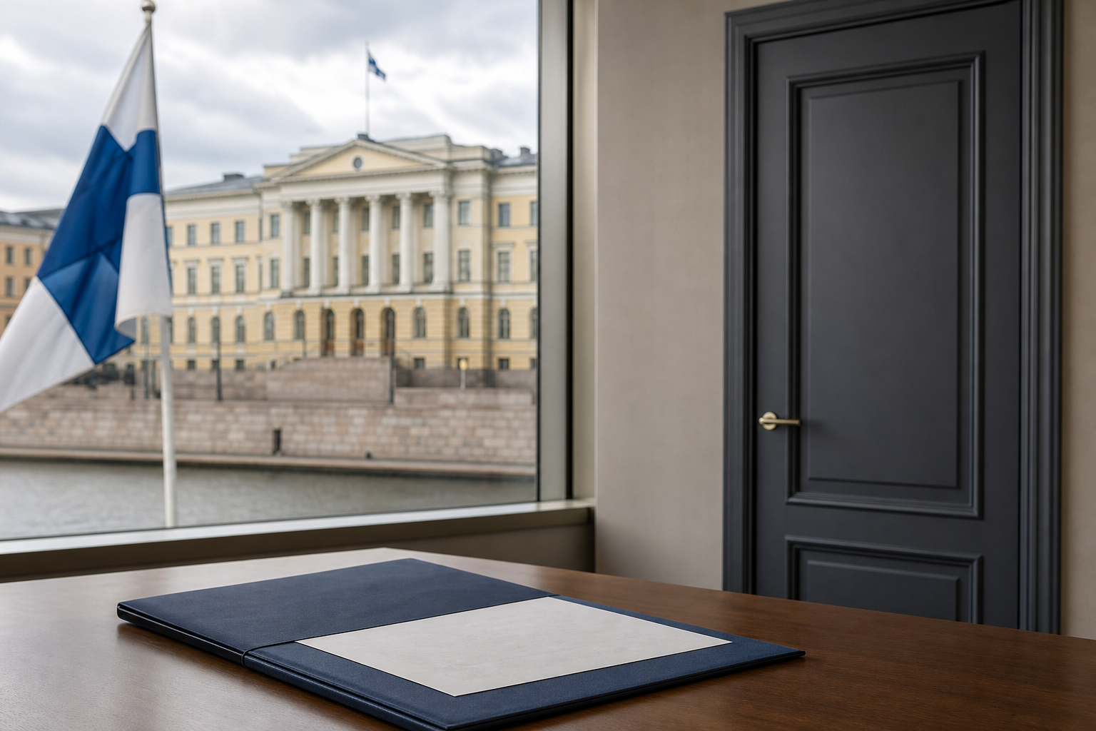 Asiakirjakansio ja suljettu ovi valtionhallinnon rakennuksessa symboloivat ministerien siirtymistä uusiin tehtäviin.