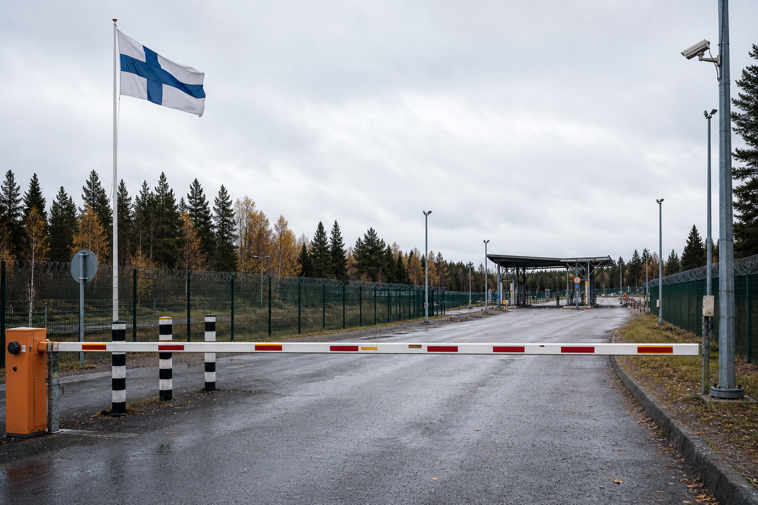 Hiljainen rajanylityspaikka itärajalla, suljettu puomi, valvontarakenteita ja Suomen lippu pilvisessä säässä.