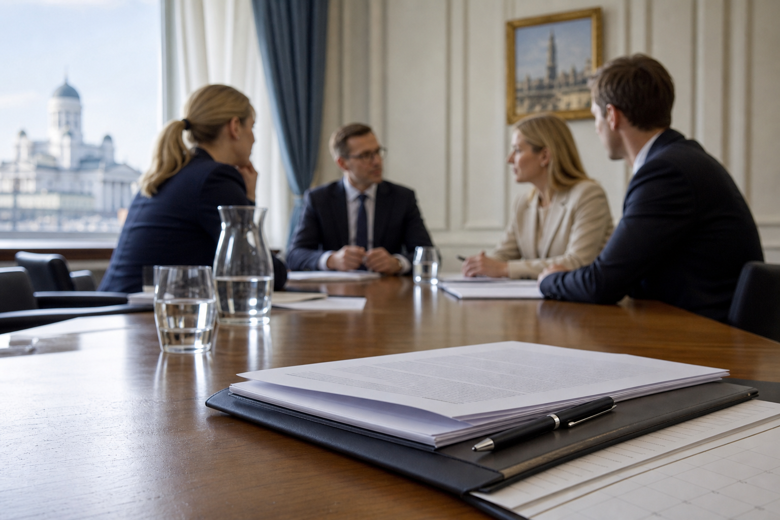 Virkamaiset asiakirjat ja kansiot neuvottelupöydällä valtionhallinnon kokoushuoneessa.