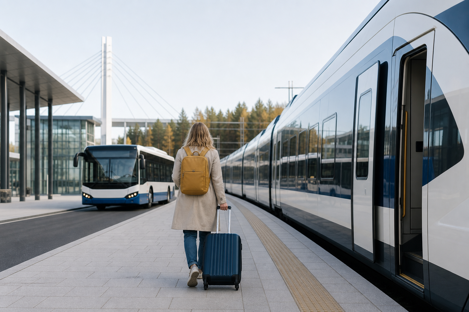 Matkustaja kävelee suomalaisella asemalla kohti junaa, ja taustalla näkyy jatkoyhteyttä kuvaava linja-auto.