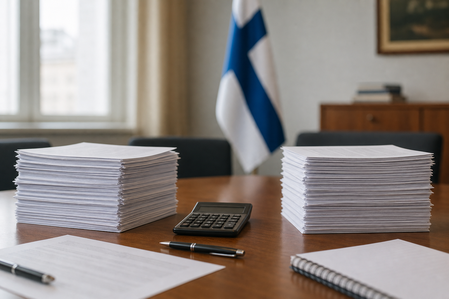 Valtionhallinnon pöydällä on talousraportteja, laskin ja sumea Suomen lippu taustalla.