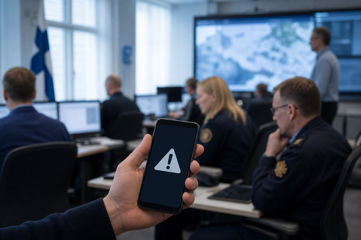 Älypuhelin ja viranomaisympäristö symboloivat uutta mobiilivaroituskanavaa vaaratiedotteille.