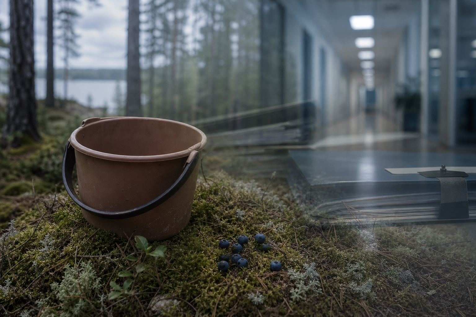 Tyhjä marjaämpäri metsämaastossa, taustalla viitteellinen viranomaisympäristö.