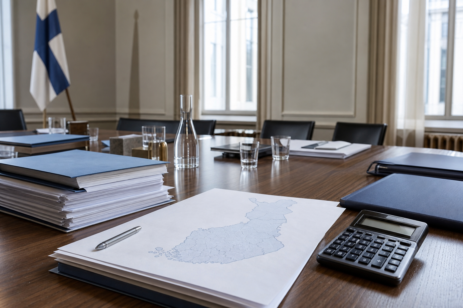 Ministeriömäinen neuvottelupöytä, asiakirjoja, laskin ja Suomen kartan ääriviiva talouspäätöksiä kuvaamassa.