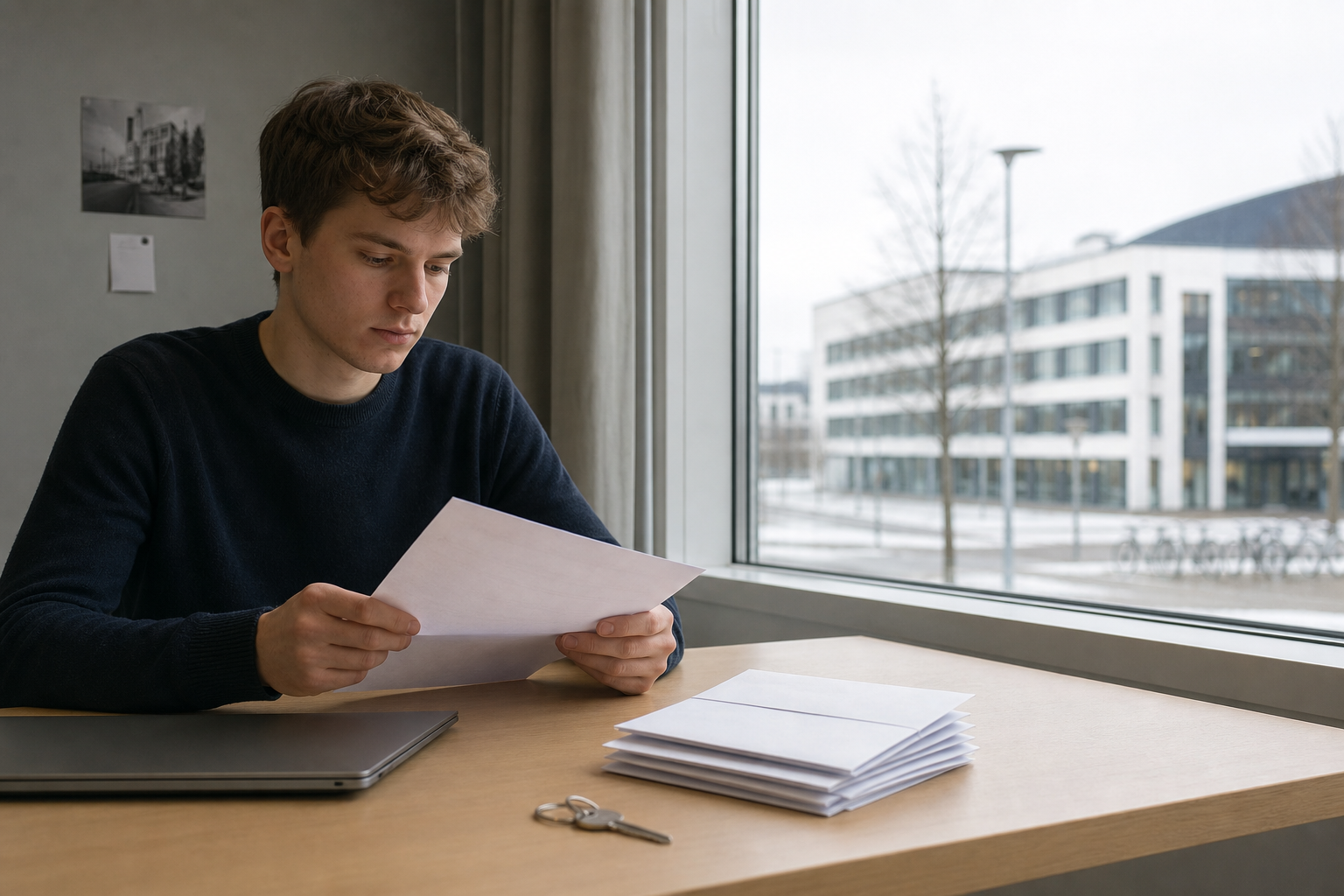 Opiskelija tarkastelee papereita työpöydällä, jonka etualalla ovat kirjekuoret ja asunnon avain.