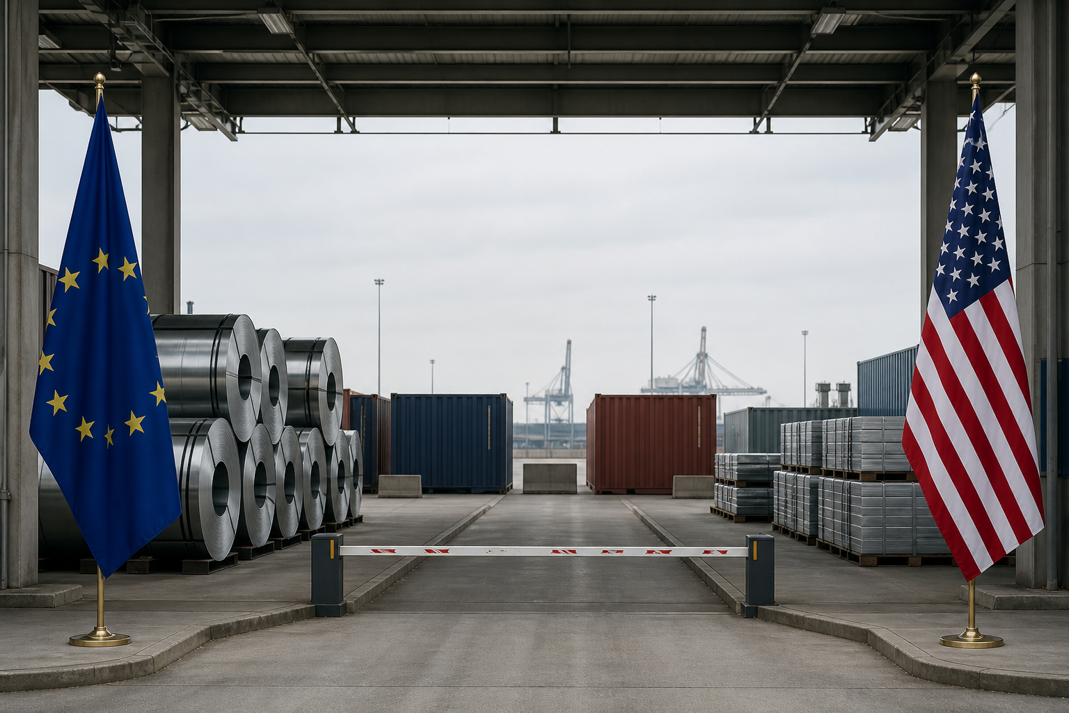 EU:n ja Yhdysvaltojen liput sekä teräsrullia ja kontteja rauhallisessa tullivarastossa.