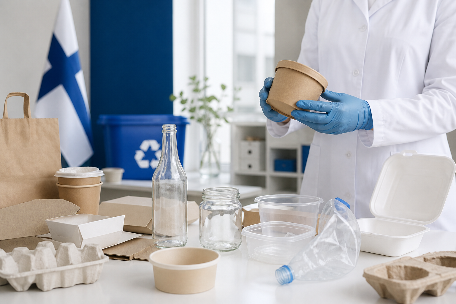 Laboratoriotyöntekijä tutkii elintarvikepakkausta kierrätettävien paperi-, lasi- ja muovipakkausten äärellä.