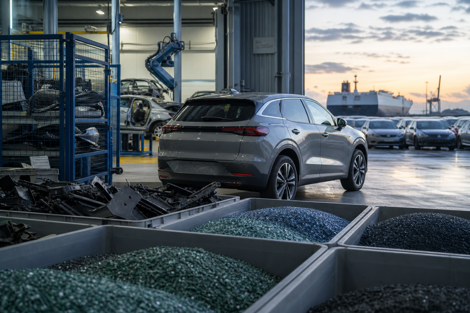 Henkilöauto, kierrätysmuovista valmistettuja osia ja käytettyjen autojen vientiterminaali toimituksellisessa kuvituksessa.