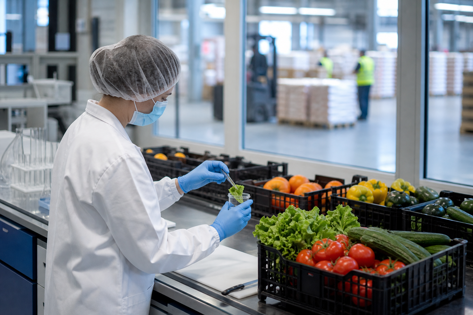 Laboratoriotyöntekijä ottaa näytettä kasviksista, ja taustalla näkyy tuontituotteiden varastotila.
