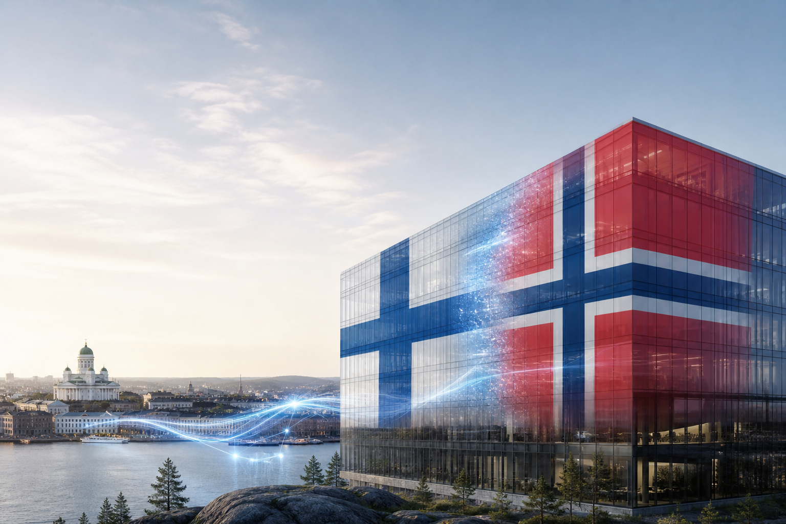Moderni lasinen toimistorakennus, jonka julkisivulla heijastuu yhdistelmä Suomen ja Norjan lippujen värejä. Taustalla näkyy sähkölinjoja ja 