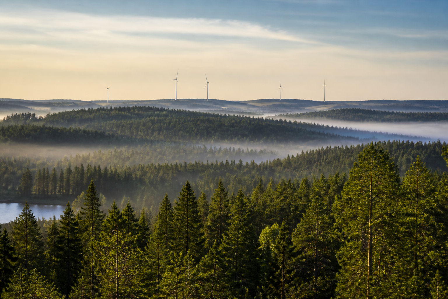Laaja metsäinen vaaramaisema Itä-Suomessa, horisontissa näkyy tuulivoimaloita osittain aamu-usvan keskellä.