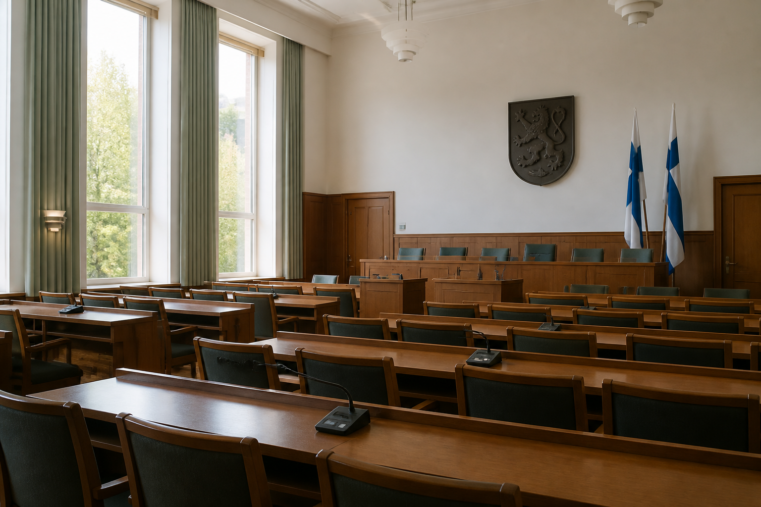 Tyhjä kunnanvaltuuston kokoushuone, jossa puupöydät ja -penkit, valo lankeaa suurista ikkunoista sisään.