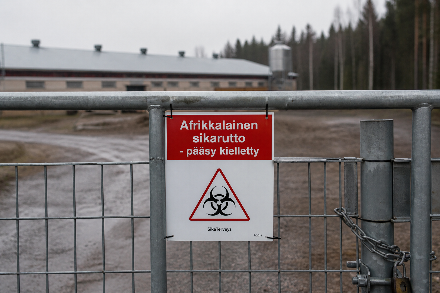 Sikatilan portti suljettuna ja varoituskyltti afrikkalaisesta sikarutosta, taustalla sikala ja metsä.