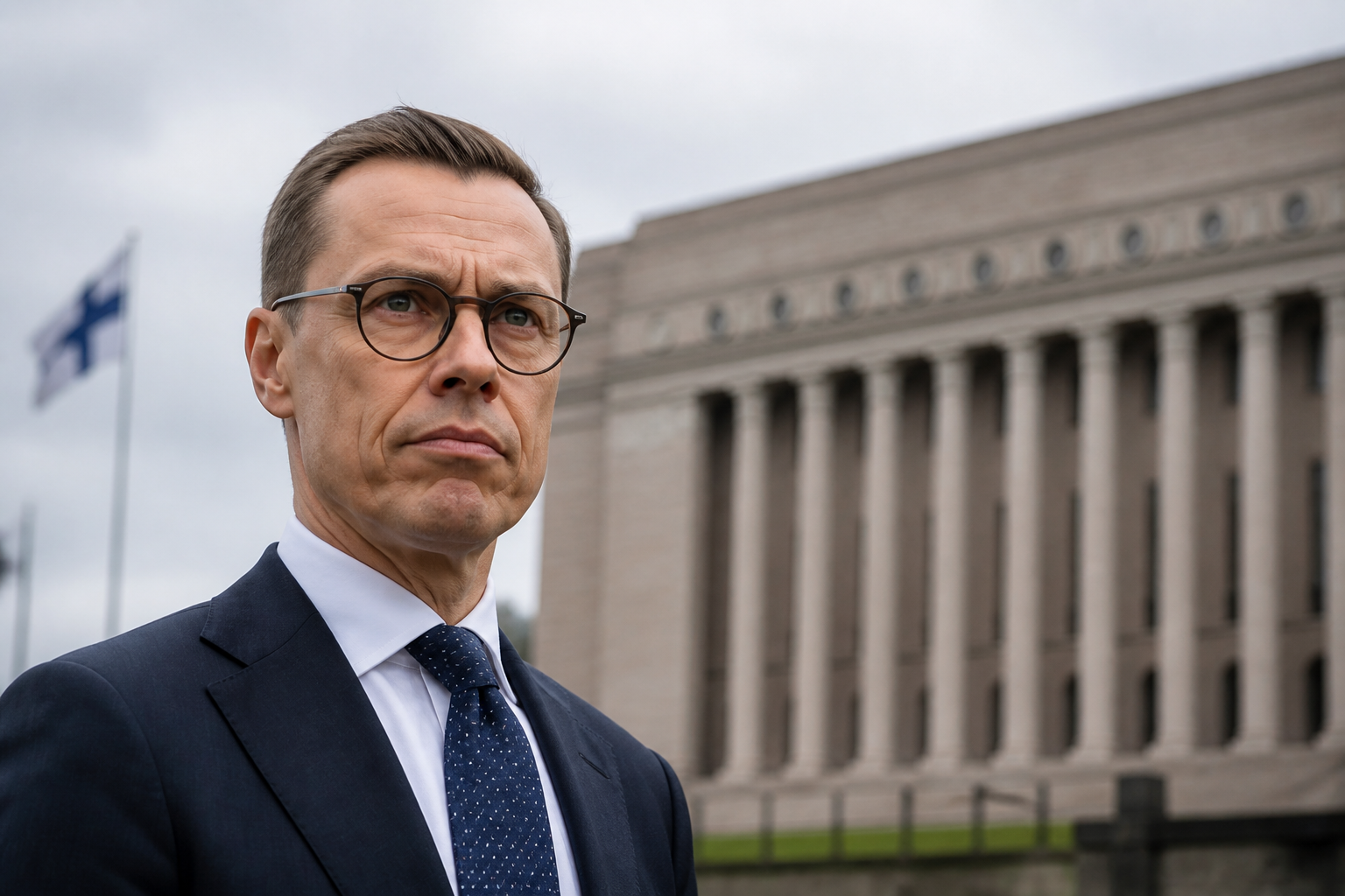 Kokoomuksen kansanedustaja Henrik Vuornos vakavana tummassa puvussa eduskuntatalon edustalla.