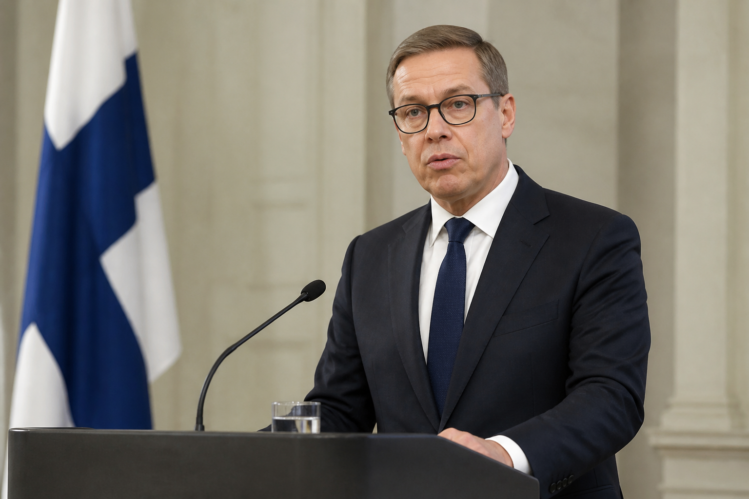 Vakavailmeinen poliitikko puhumassa puhujakorokkeella neutraalissa ympäristössä.